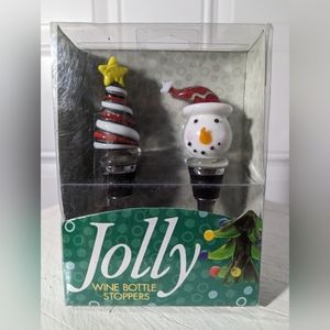 Jolly Set of 2 Snowman & Tree Yellow Star Design Hand Blown Glass Bottle Stopper